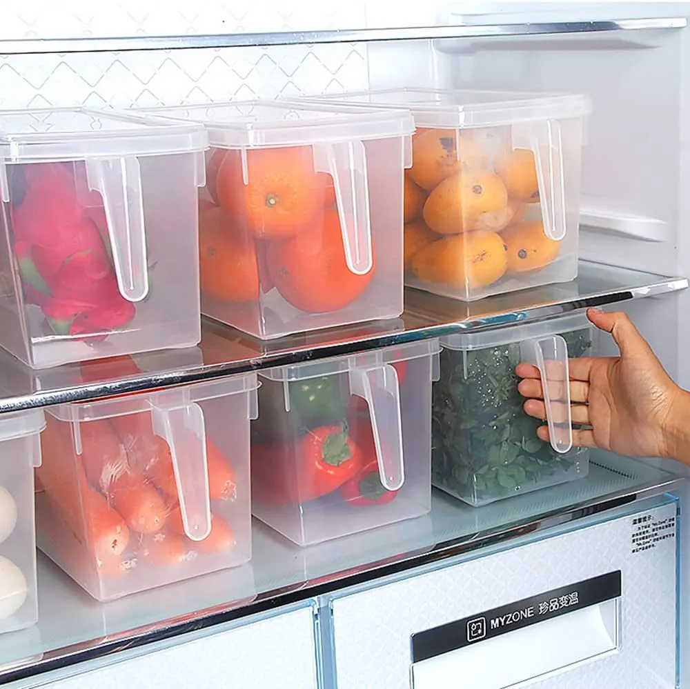 Sooyee Fridge Storage Containers Produce Saver, 4 Pack x 4L Stackable Refrigerator Organizer Keeper with Handle To Keep Fresh for Produce, Food,Fruits, Vegetables, Meat and Fish,Clear