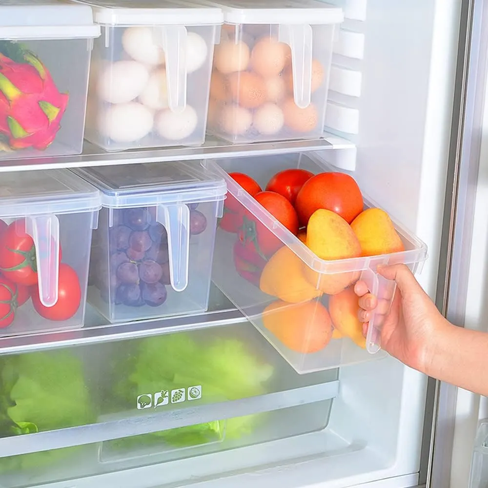 Sooyee Fridge Storage Containers Produce Saver, 4 Pack x 4L Stackable Refrigerator Organizer Keeper with Handle To Keep Fresh for Produce, Food,Fruits, Vegetables, Meat and Fish,Clear