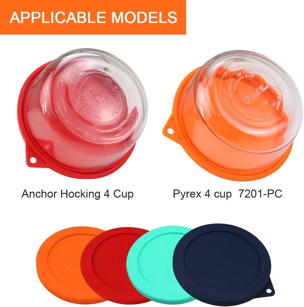 Sophico 4 Cup Round Silicone Storage Cover Lids Replacement for Anchor Hocking and Pyrex 7201-PC Glass Bowls (Container not Included) (Mix) 4 Pack