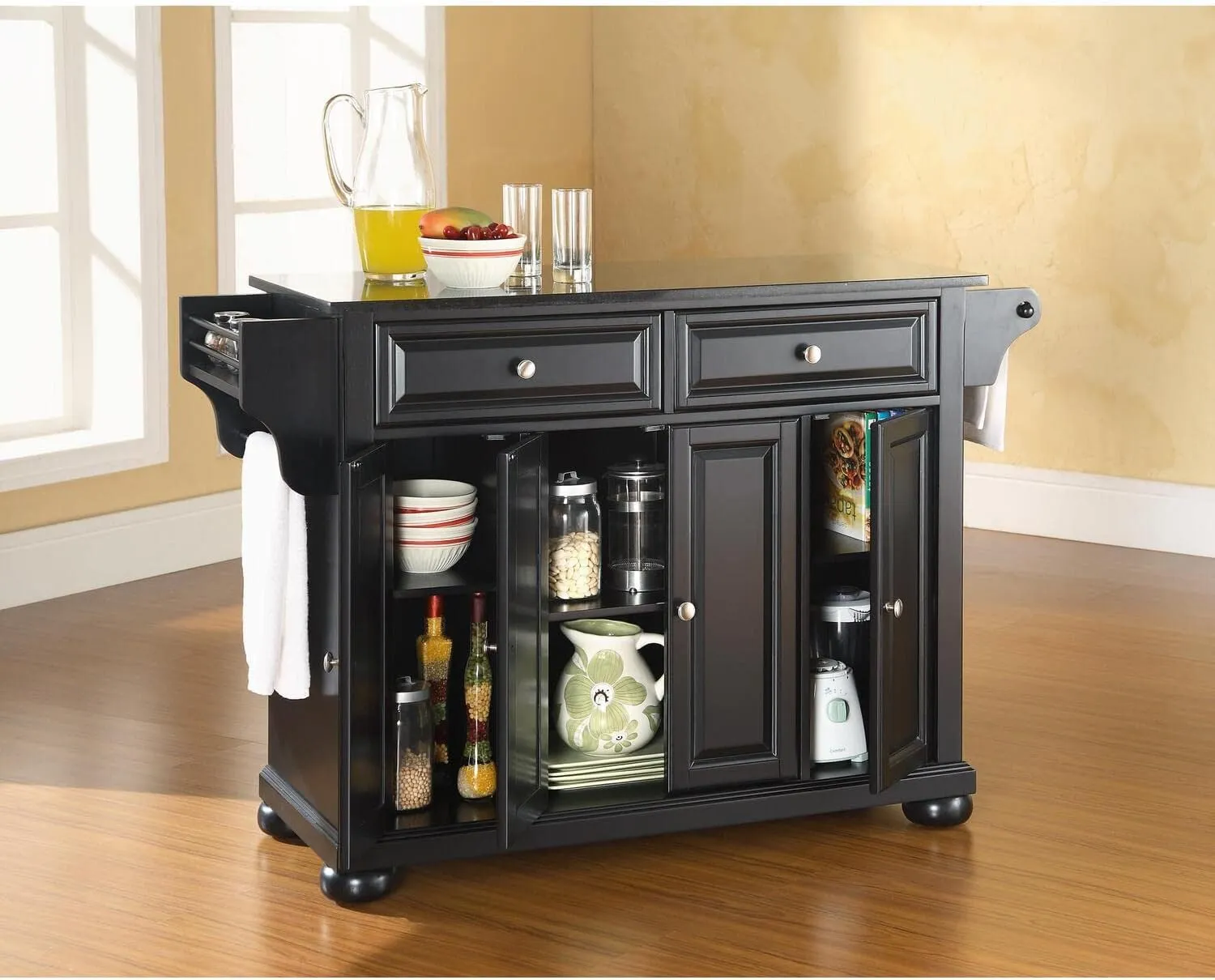 Sophisticated Simplicity Full Size Kitchen Island with Spacious Countertop, Portable Design, Modern Kitchen Furniture, Convenient Storage Drawers Black/Black Marble Top