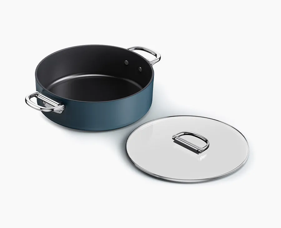 Space Folding Handle Ceramic Non-stick 28cm Blue Shallow Casserole Pan & Lid