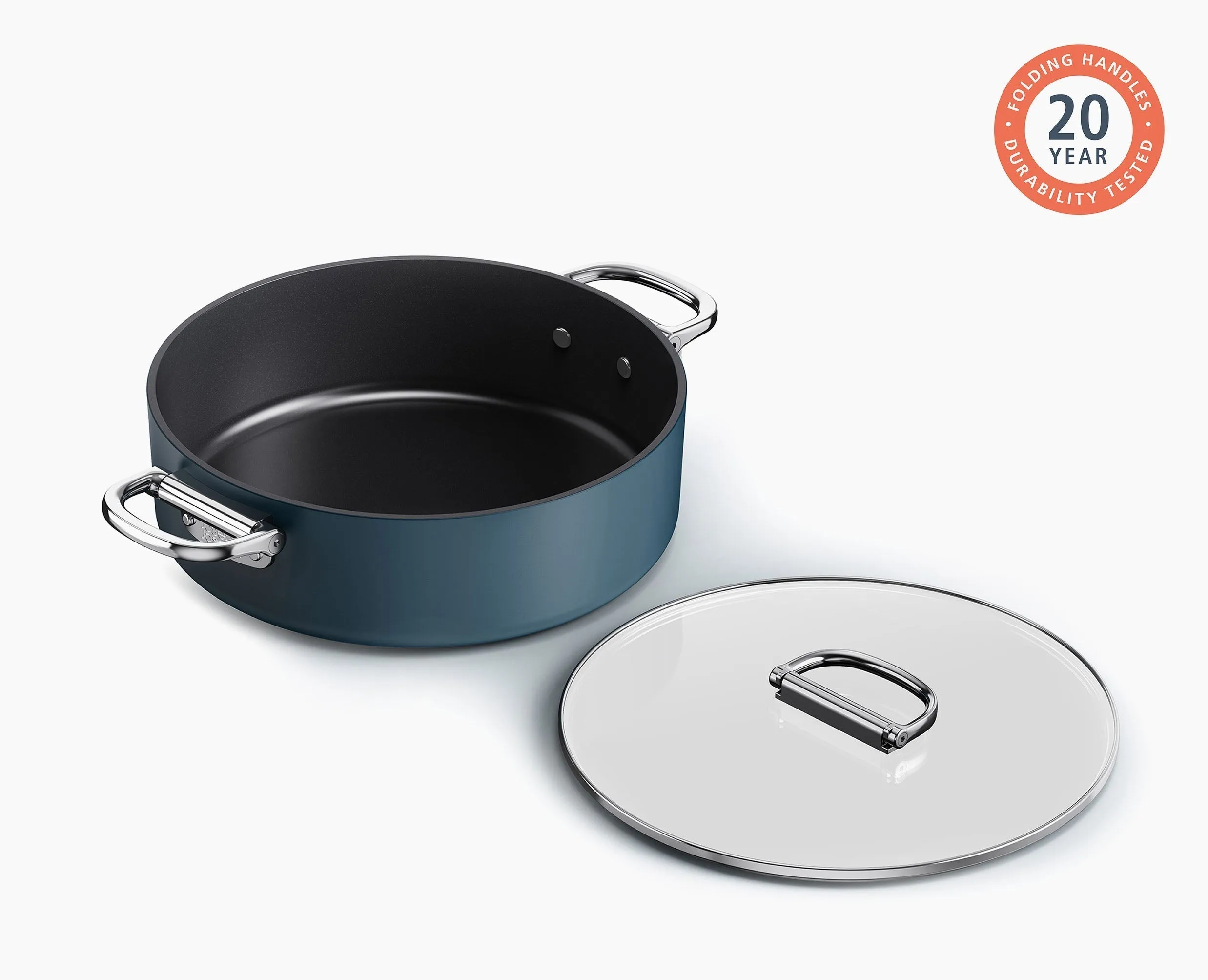 Space Folding Handle Ceramic Non-stick 28cm Blue Shallow Casserole Pan & Lid