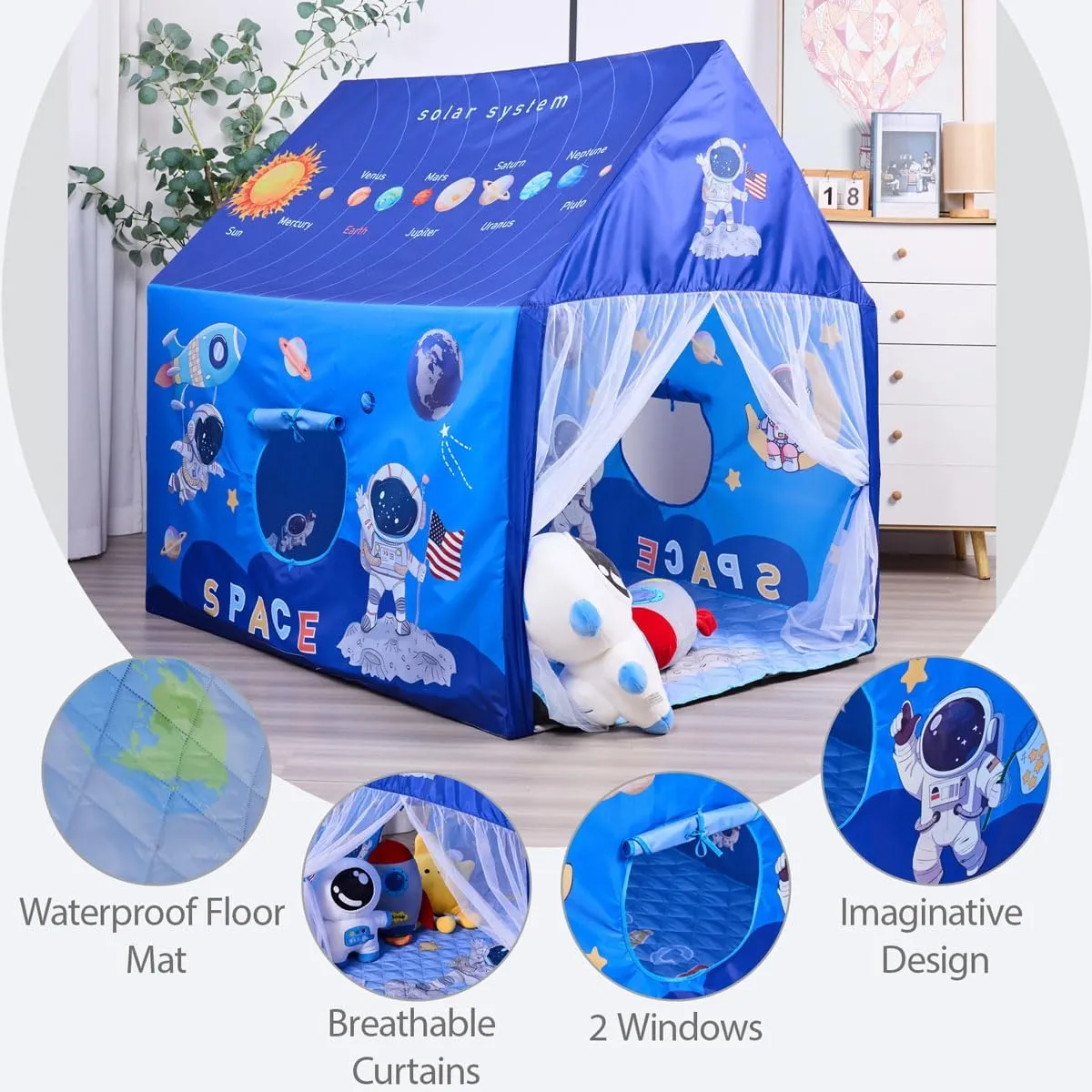 Space Rocket Ship Kids Tent with Mat, Star Lights for Boys & Girls Aged 3  Toddler for Indoor Outdoor Playhouse Tent Set Sizes 47×46.8×38.1In,Washable