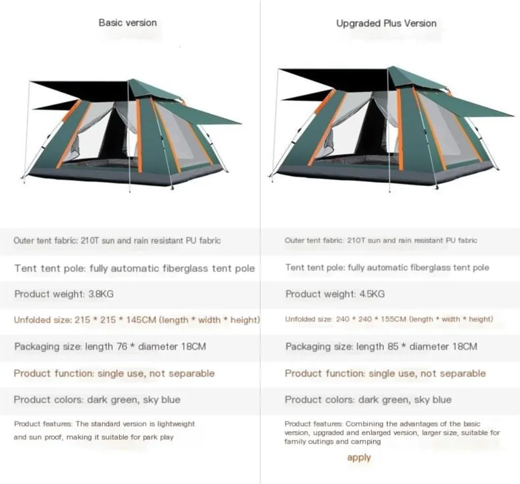 Spacious and Lightweight Tent Outdoor Camping Folding Fully Automatic Tent Sun Protection Quick Opening Ventilated Tent Portable Tent Outdoor Tent