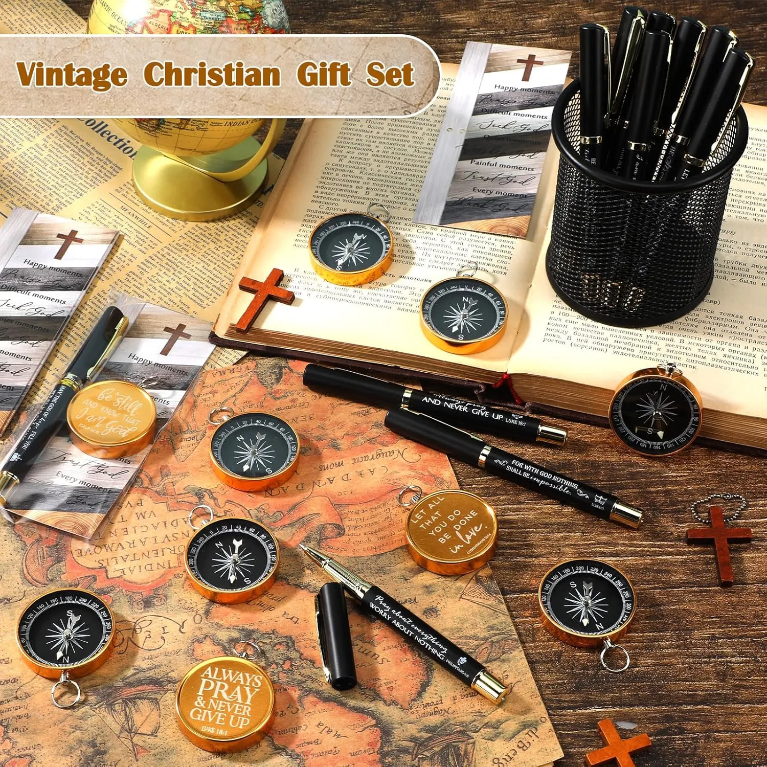 Spakon Father's Day Christian Gifts for Men Bible Verse Compass Pen Religious Bookmark Inspirational Church Gifts for Members Pastors Women