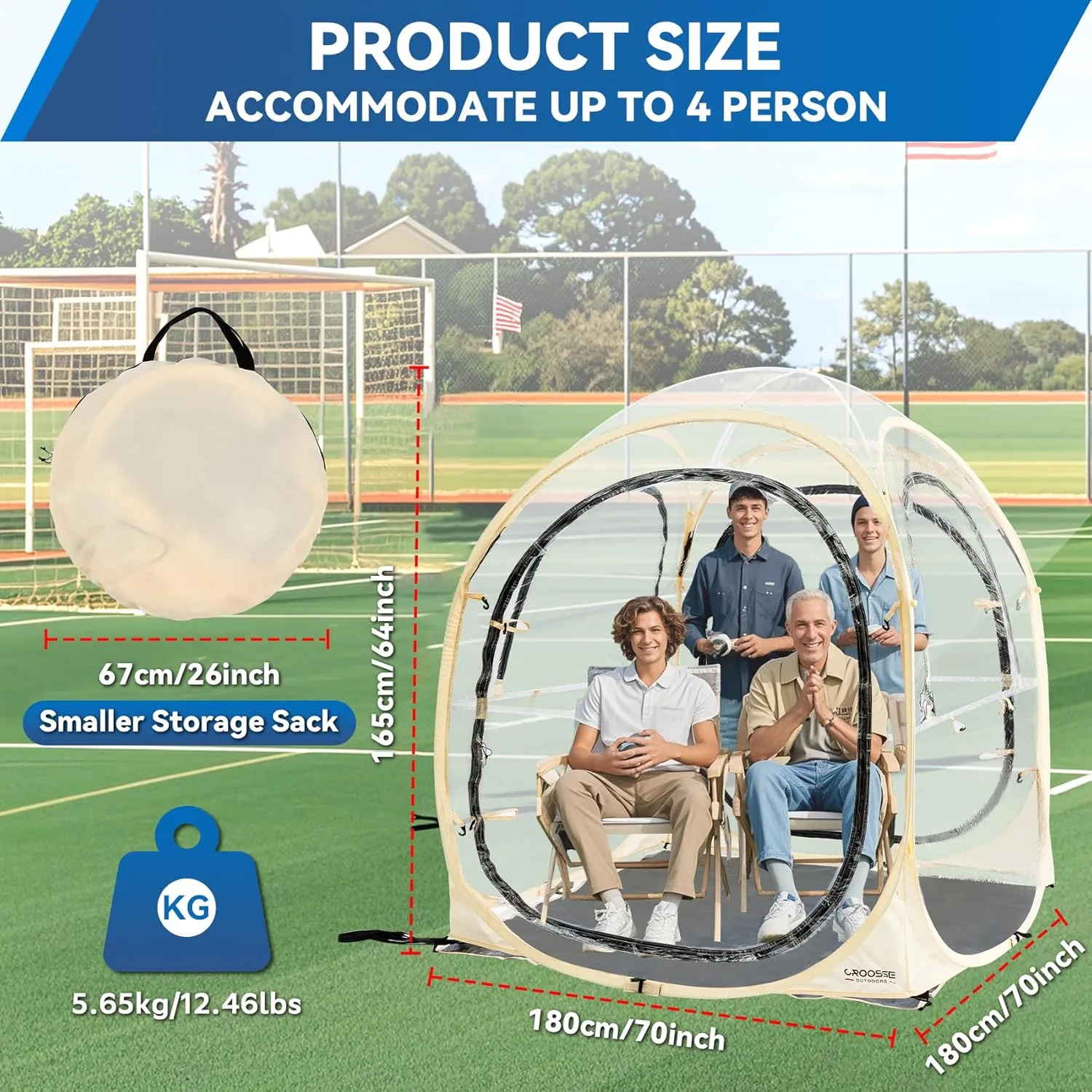 Sports Tent Pop Up Shelter - Instant Pod for All Weather, 2/4/6 Person Bubble Tent with Top Cover, Waterproof Clear Tent for Sports Events, Camping, Fishing, Cheering and Other Outdoor Activities