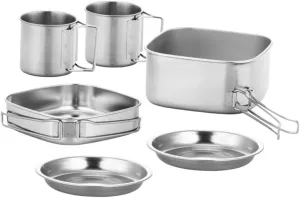 Stainless Steel Camping Mess Kit 4-Piece Folding Cooking Set Pot Pan Plates Cups Perfect for Outdoor Activities