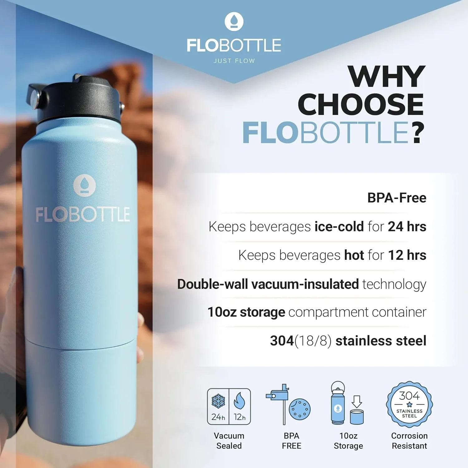 Stainless Steel Insulated Water Bottle, 28 Oz, Leak Proof, BPA-Free with Storage Compartment (Oceana Blue)