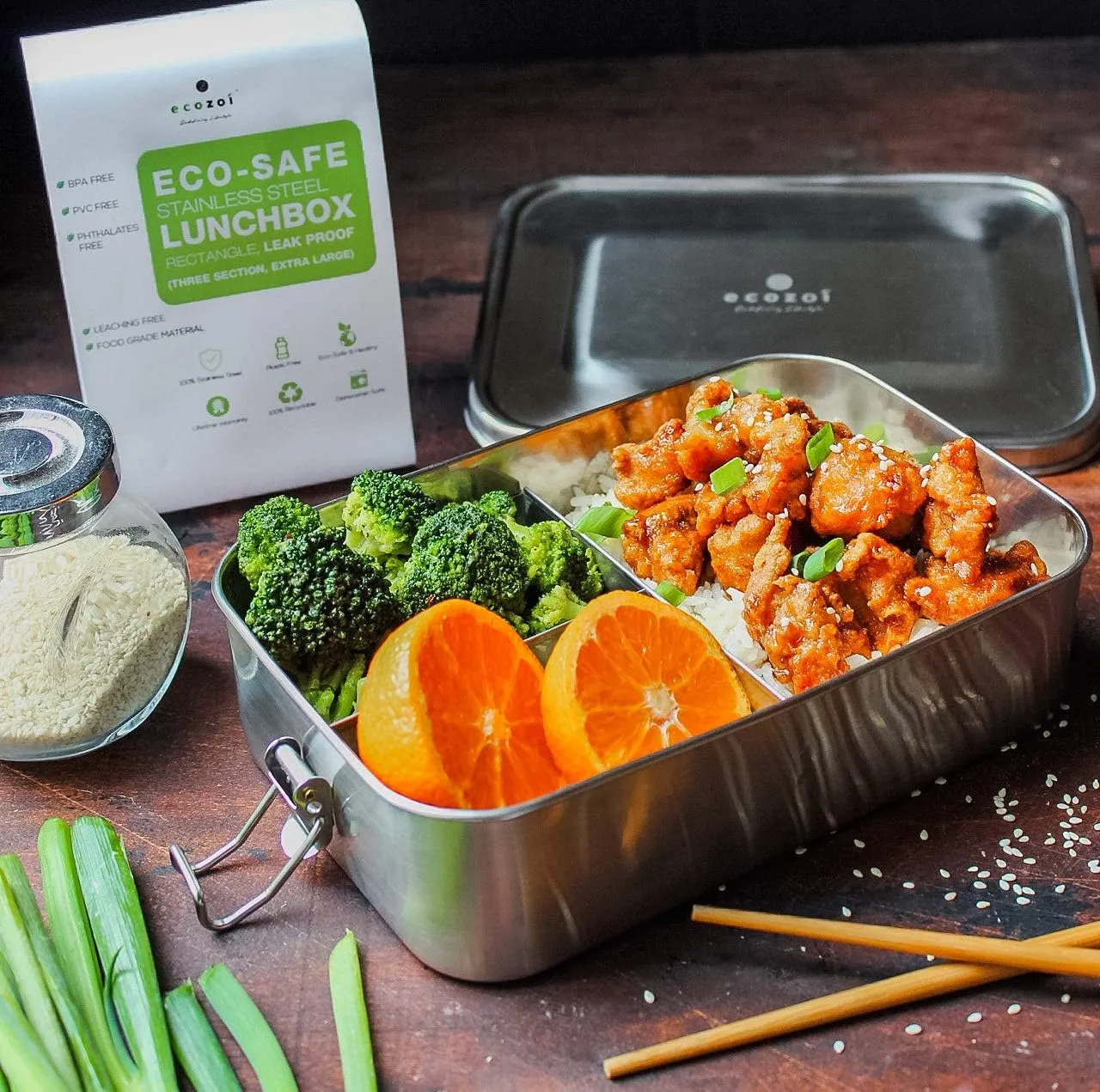 Stainless Steel Lunch Box, Leak Proof 3 Compartment, Medium | Redesigned Silicone Seal | Sustainable Zero Waste Eco Friendly Bento Box Food Storage Container