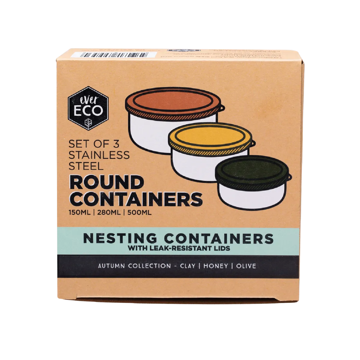 Stainless Steel Round Containers Set of 3 - Leak Resistant (Autumn Collection)