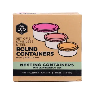 Stainless Steel Round Containers Set of 3 - Leak Resistant (Rise Collection)