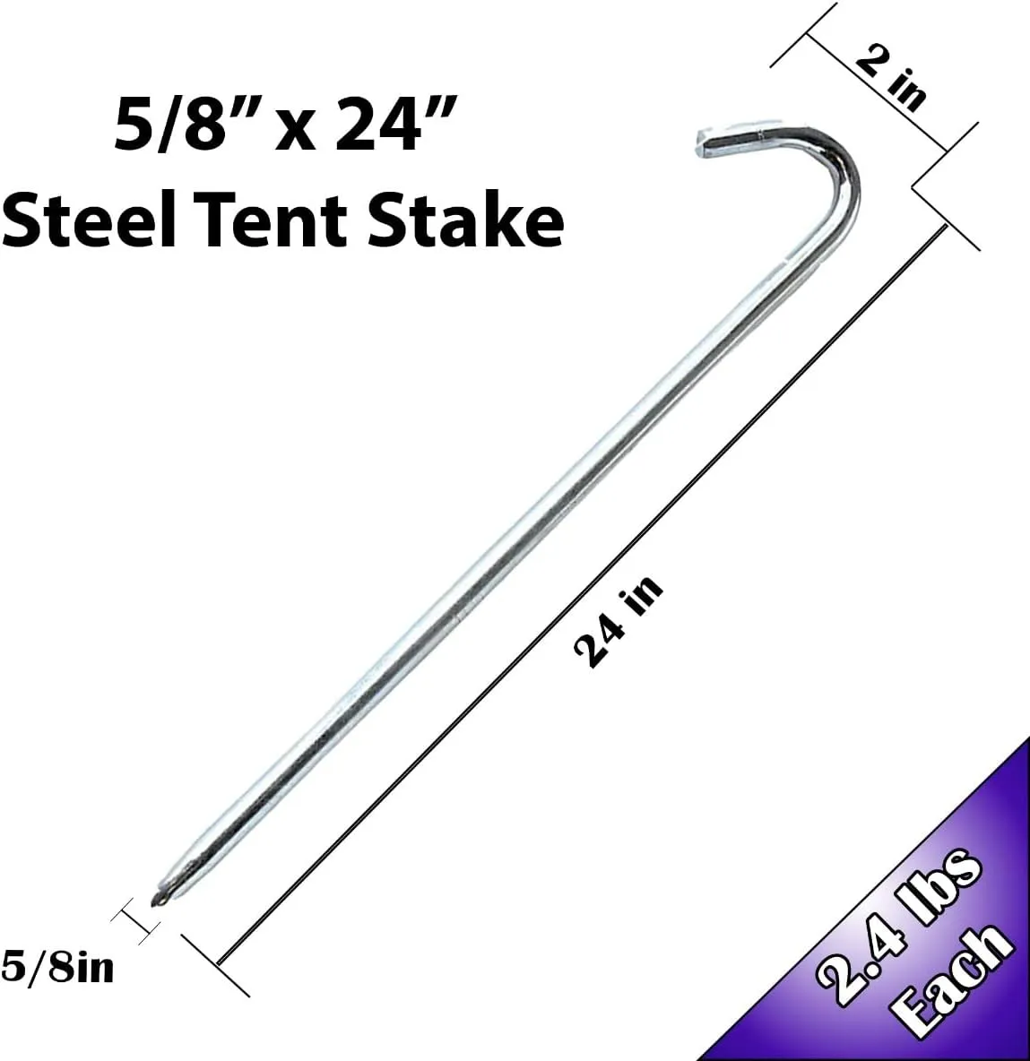 Steel Tent Stakes - Heavy-Duty Ground Hook Spikes, Metal Anchors for Commercial Inflatables, Outdoor Camping Canopy, Fence, Garden, Tent Accessories, 5/8" Diameter x 24" Length, 100-Pack