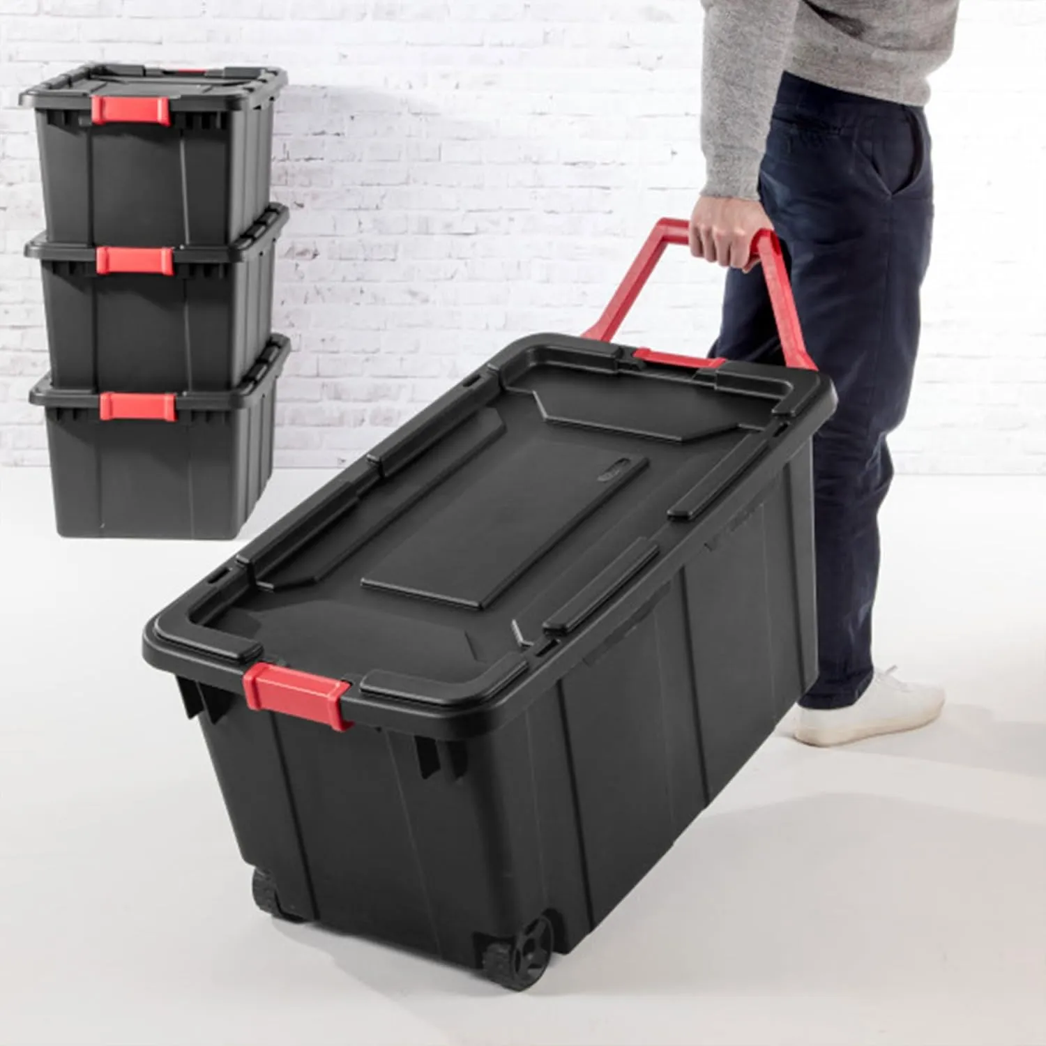 Sterilite 6-Pack Industrial Tote, Heavy-Duty Plastic Garage Storage Bins with Latching Lid, Black, 15 Gallon