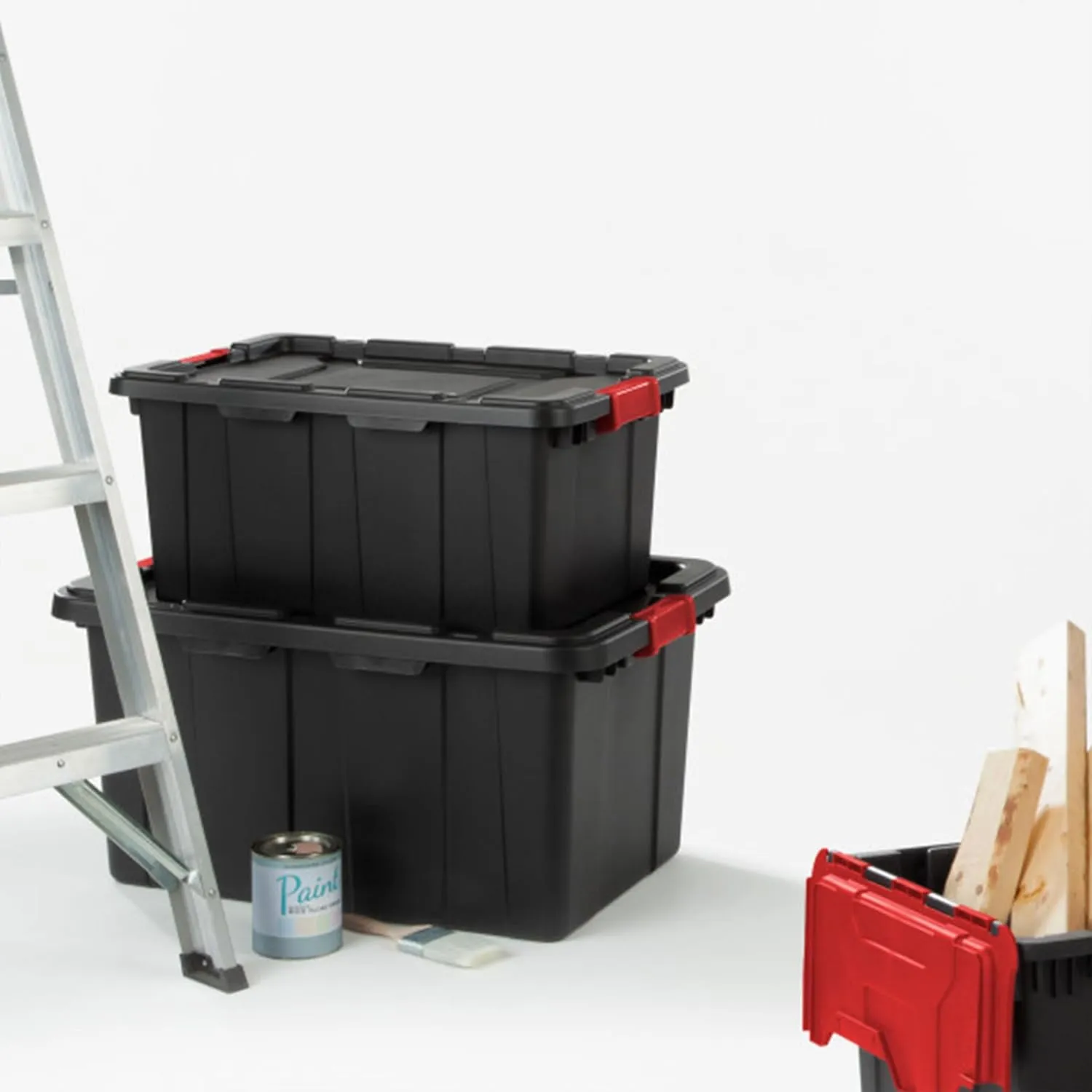 Sterilite 6-Pack Industrial Tote, Heavy-Duty Plastic Garage Storage Bins with Latching Lid, Black, 15 Gallon