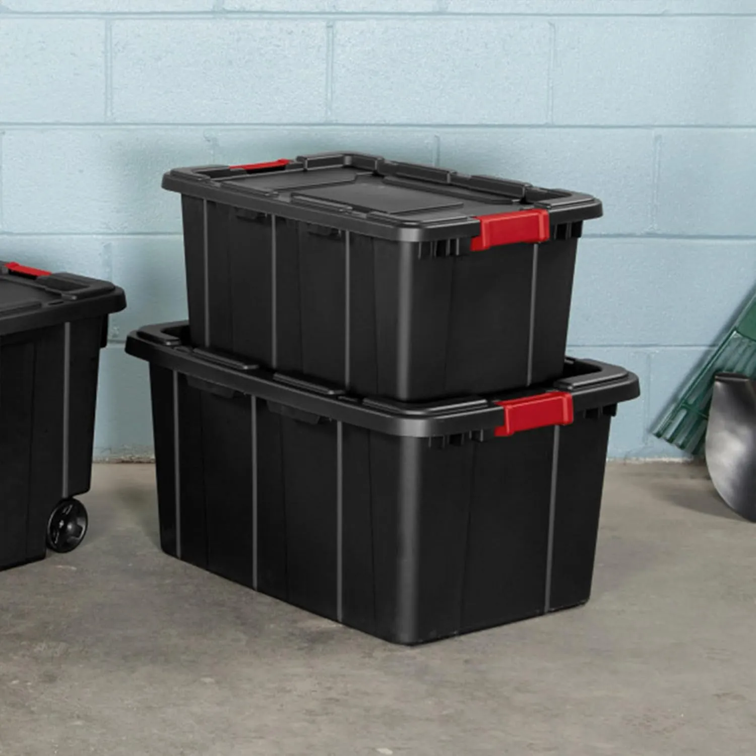 Sterilite 6-Pack Industrial Tote, Heavy-Duty Plastic Garage Storage Bins with Latching Lid, Black, 15 Gallon