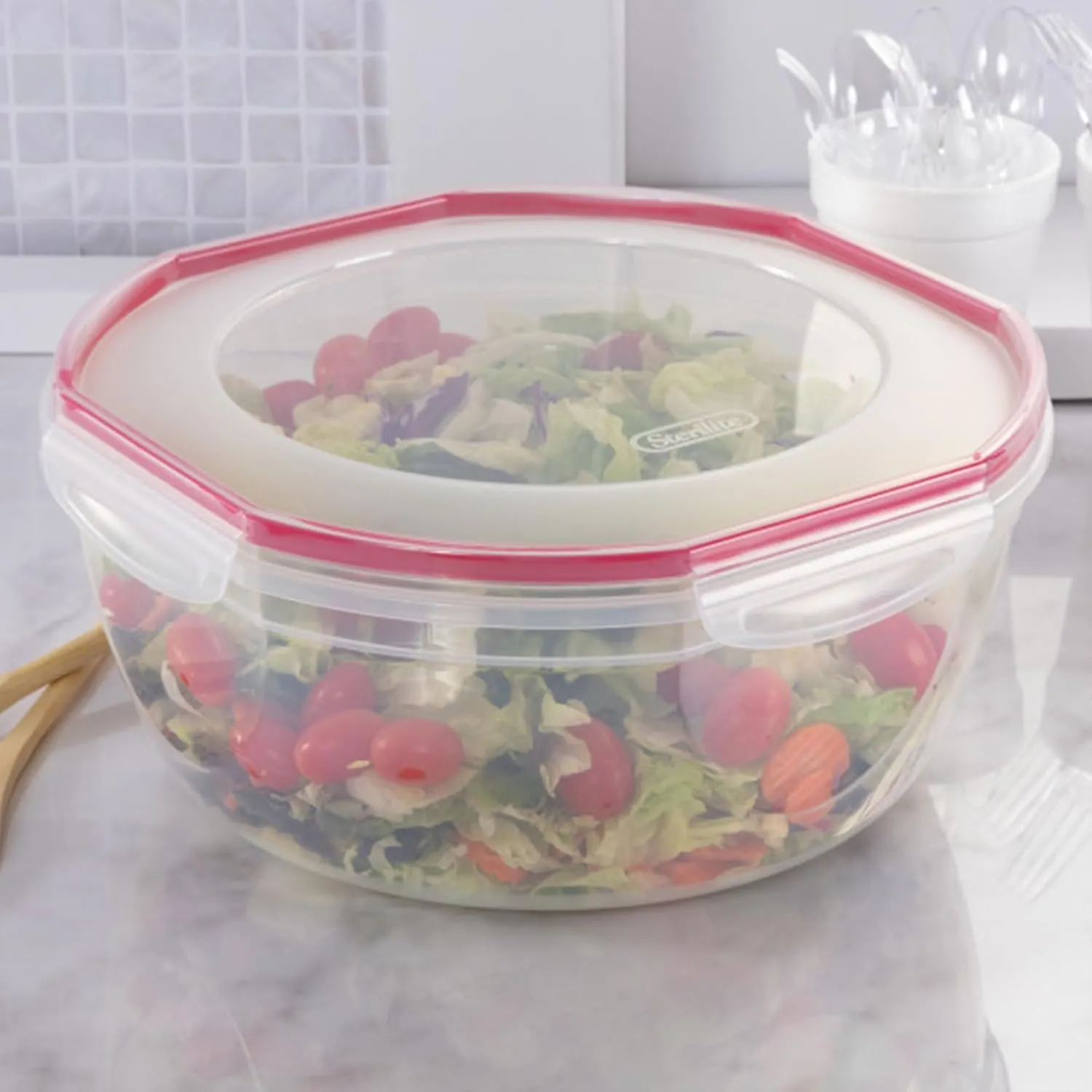 Sterilite Ultra-Seal 8.1 Qt Bowl, Large Airtight Food Storage Container, Latching Lid, Microwave and Dishwasher Safe, Clear With Red Gasket, 2-Pack