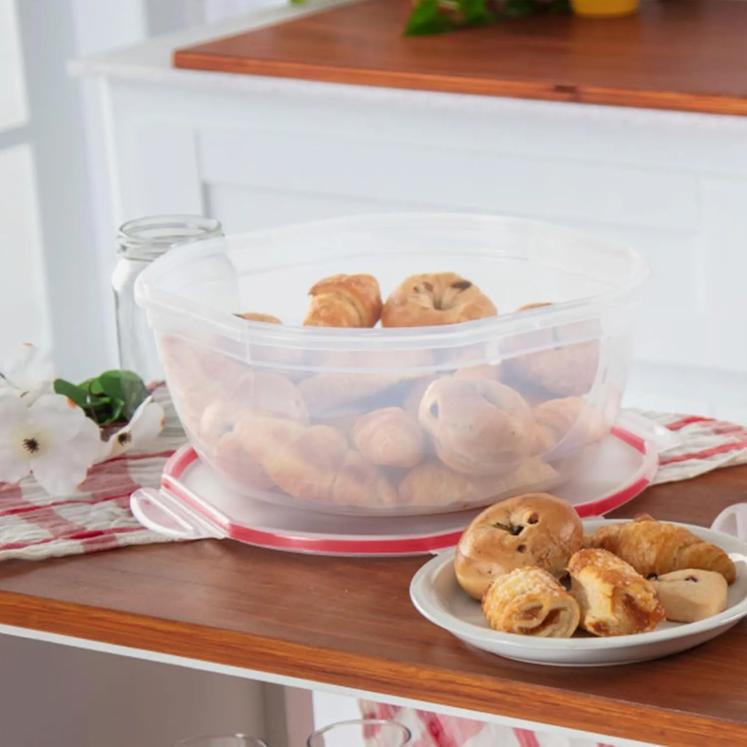 Sterilite Ultra-Seal 8.1 Qt Bowl, Large Airtight Food Storage Container, Latching Lid, Microwave and Dishwasher Safe, Clear With Red Gasket, 2-Pack
