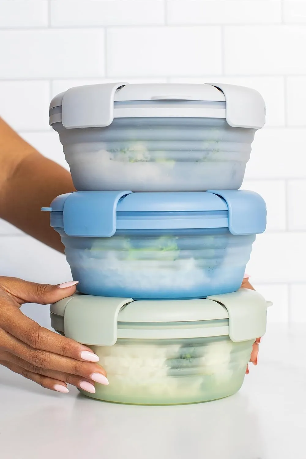 STOJO Collapsible Bowl 5 Set - Translucent Denim, 36oz - Reusable Silicone Bowl for Hot and Cold Food - Perfect for Travel, Meal Prep, To-Go Lunch, Camping & Hiking - Microwave & Dishwasher Safe