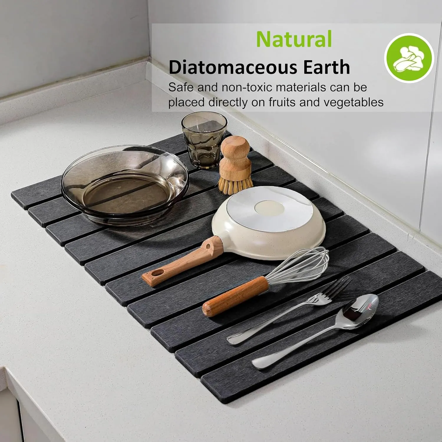 Stone Drying Mat for Kitchen Counter, Small Fast Drying Natural Diatomaceous Earth Dish Drying Mat, Collapsible, Easy Clean, Absorbent, Eco-Friendly Countertop Mats, Perfect Family Gift, 16"x12", Grey