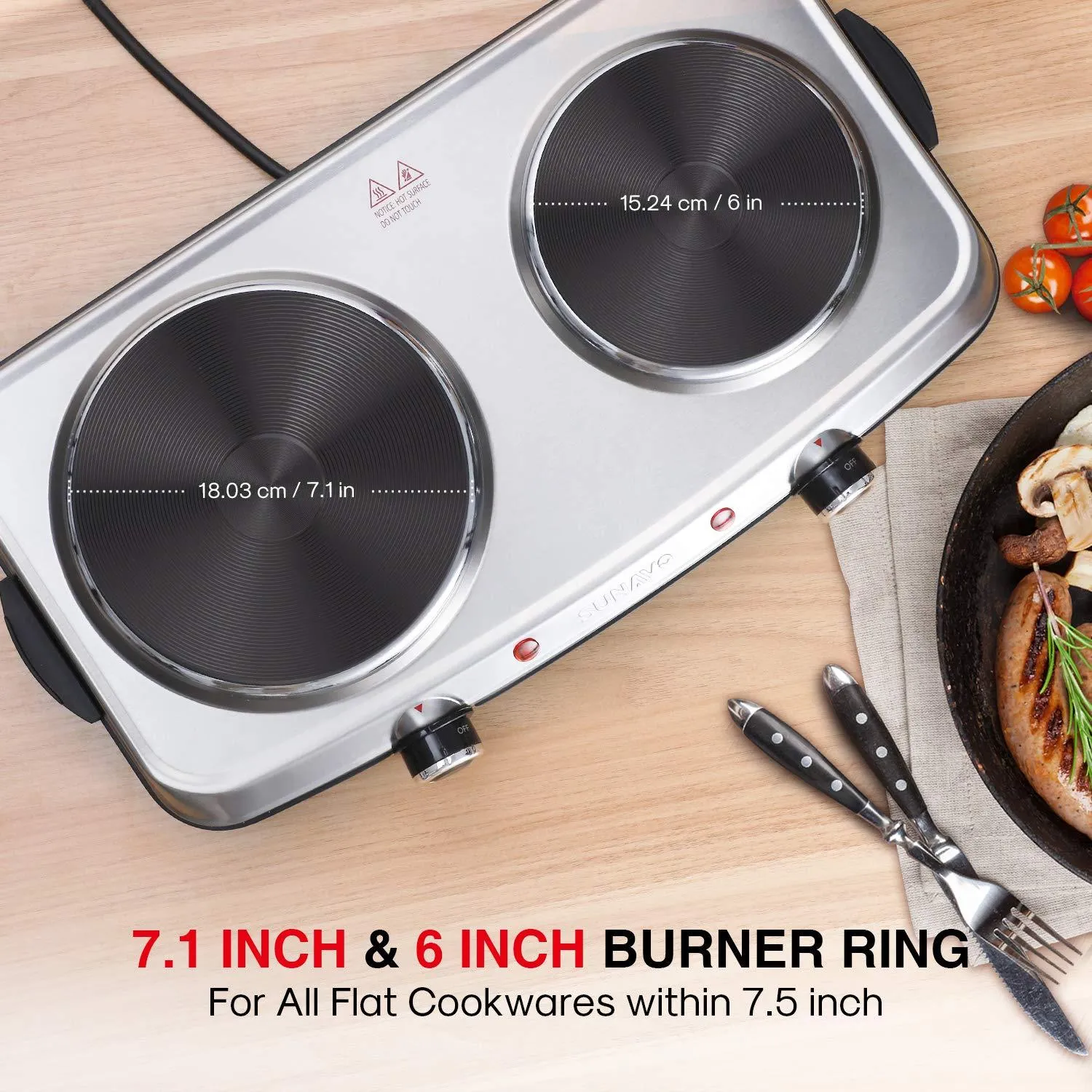 SUNAVO Hot Plates for Cooking Electric Double Burner with Handles 1800W, Stainless Steel
