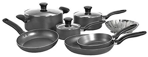 T-FAL A821SA INITIATIVES NONSTICK INSIDE AND OUT DISHWASHER SAFE OVEN SAFE COOKWARE SET, 10-PIECE, CHARCOAL
