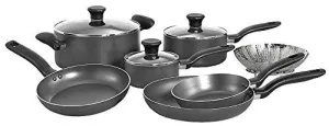 T-FAL A821SA INITIATIVES NONSTICK INSIDE AND OUT DISHWASHER SAFE OVEN SAFE COOKWARE SET, 10-PIECE, CHARCOAL