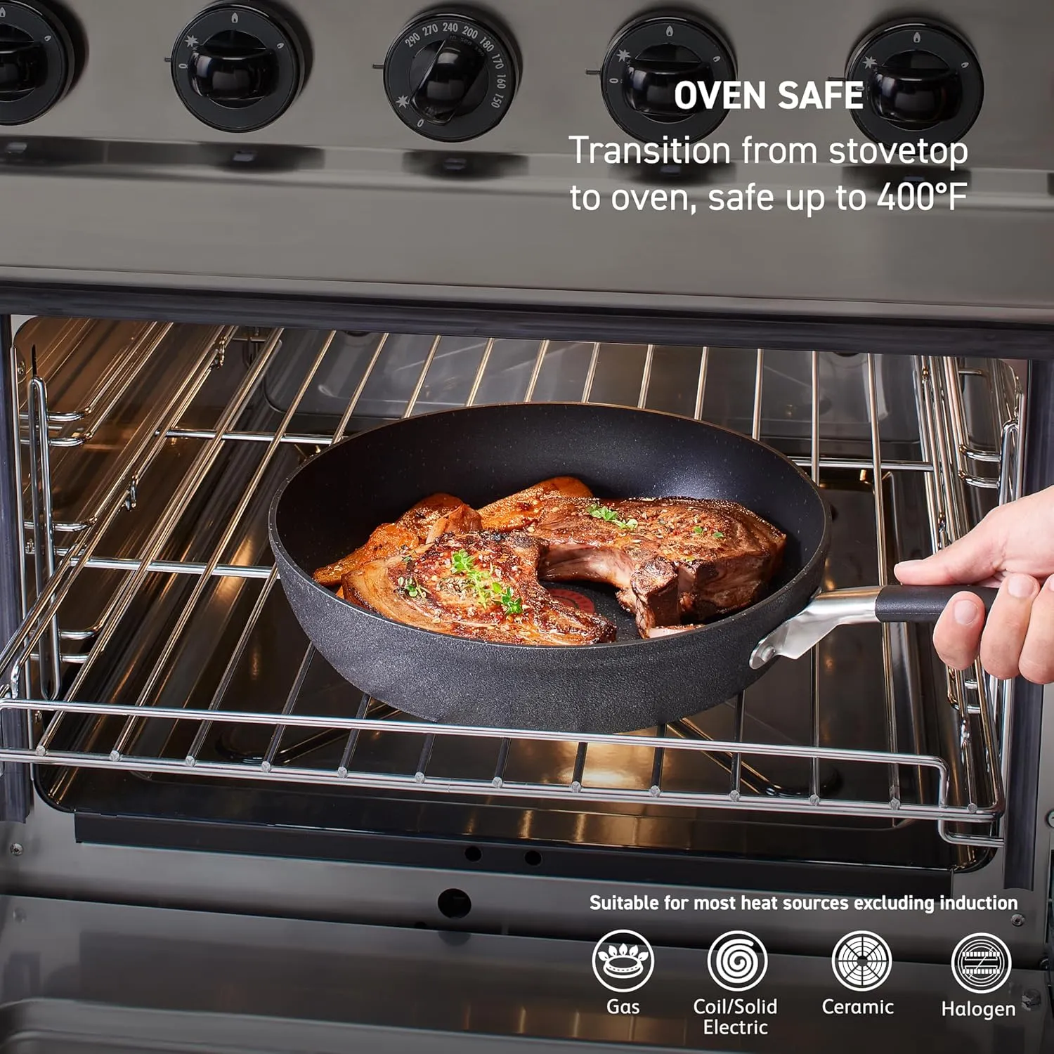 T-Fal Stone Force Platinum Non Stick Jumbo Cooker w/Lid & Helper Handle 5 Quart, Oven Broiler Safe 400°F, Long-lasting Durability, Heat Indicator, Saute Pan, Deep Fry Pan, Skillet, Pots, Pans, Black