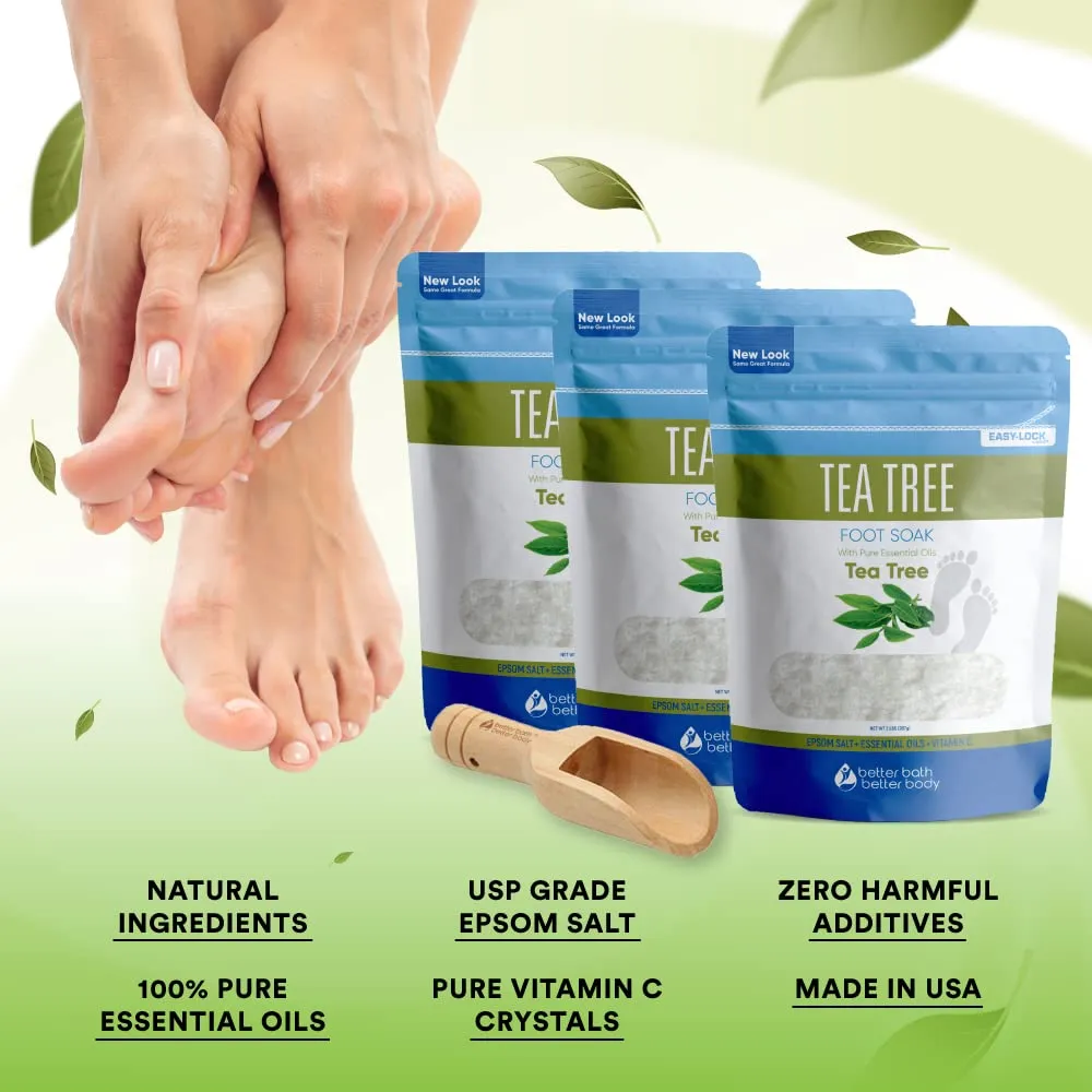Tea Tree Foot Soak (3-Pack) Epsom Salt with Natural Tea Tree, Lavender and Eucalyptus Essential Oils Plus Vitamin C in BPA Free Pouch 6-Lbs Total