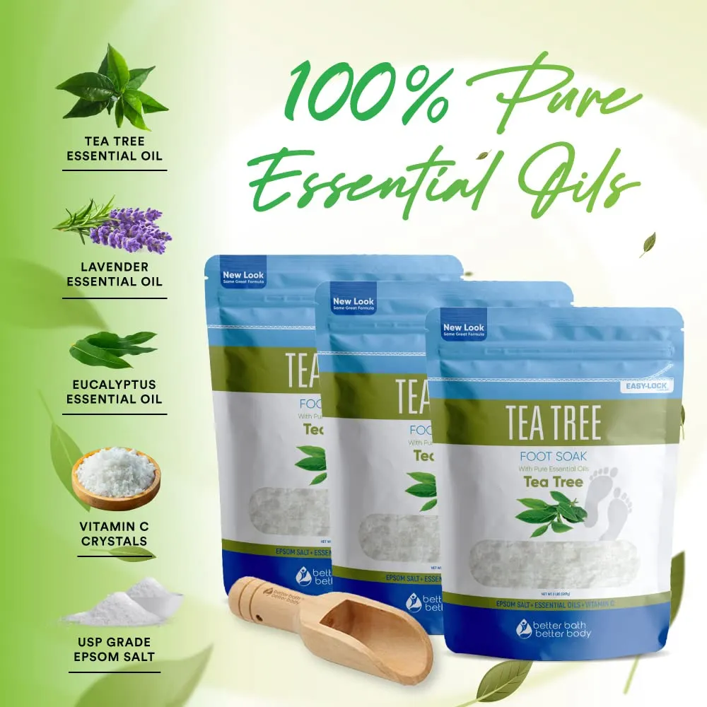 Tea Tree Foot Soak (3-Pack) Epsom Salt with Natural Tea Tree, Lavender and Eucalyptus Essential Oils Plus Vitamin C in BPA Free Pouch 6-Lbs Total