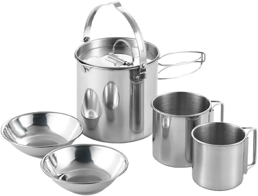 Teakettle, 5pcs Camping Cookware Set Outdoor Portable Picnic Cookware Kit Stainless Steel Travel Tableware Cooking Accessory
