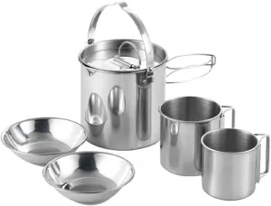 Teakettle, 5pcs Camping Cookware Set Outdoor Portable Picnic Cookware Kit Stainless Steel Travel Tableware Cooking Accessory