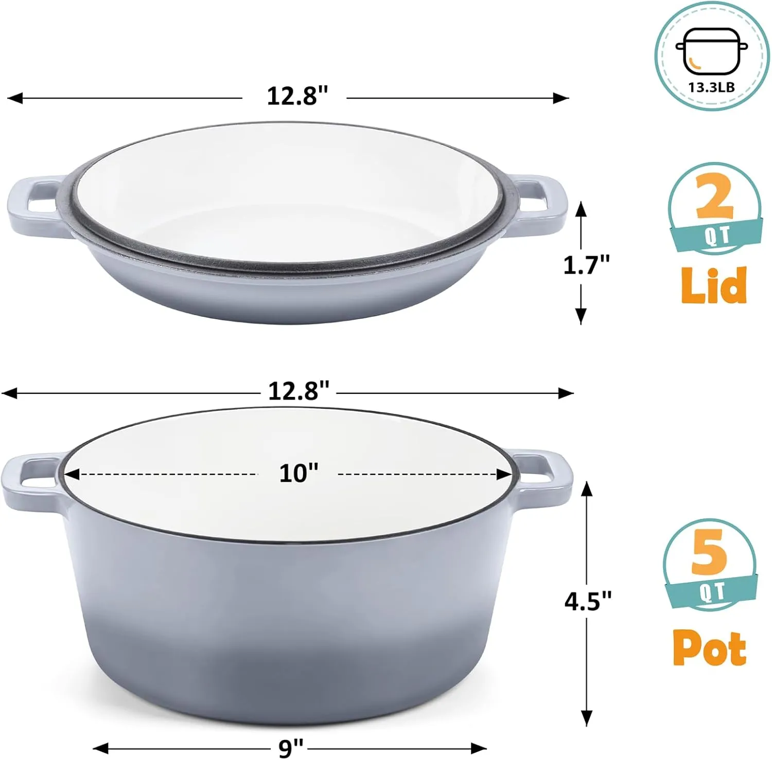 TeamFar 5 Quart Enameled Cast Iron Dutch Oven, 2-In-1 Dutch Oven Pot Cookware with Skillet Lid for Bread Baking Braising Stewing Roasting, Sturdy & Nonstick, Oven Safe & Fit for Induction (Grey)