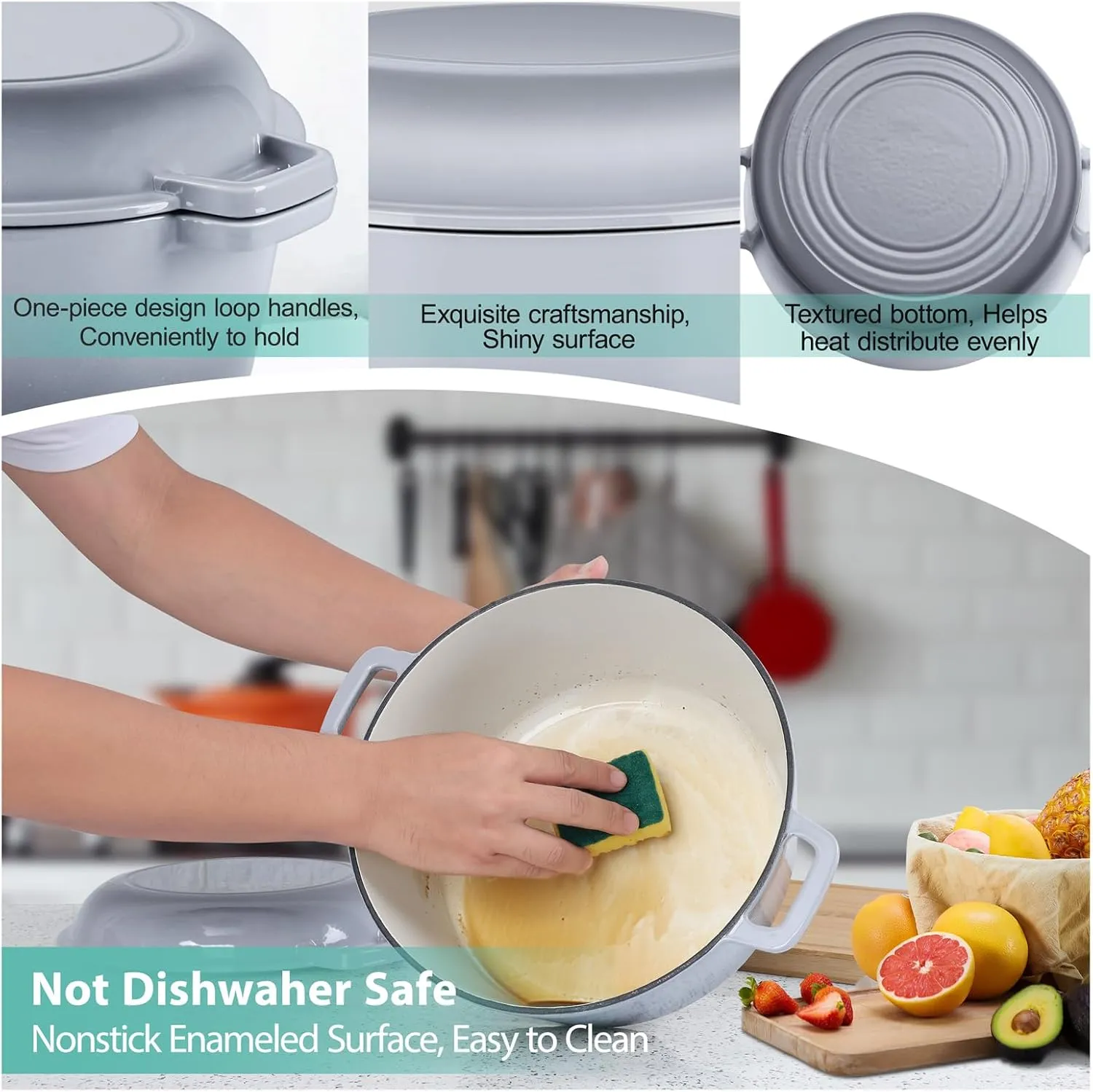 TeamFar 5 Quart Enameled Cast Iron Dutch Oven, 2-In-1 Dutch Oven Pot Cookware with Skillet Lid for Bread Baking Braising Stewing Roasting, Sturdy & Nonstick, Oven Safe & Fit for Induction (Grey)