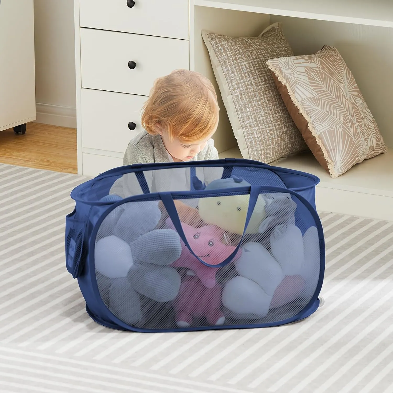 TECHMILLY Mesh Pop Up Laundry Basket with Strong Handles, Large Opening Collapsible Clothes Hampers, Portable & Easy for Use (2 Pack, Blue)