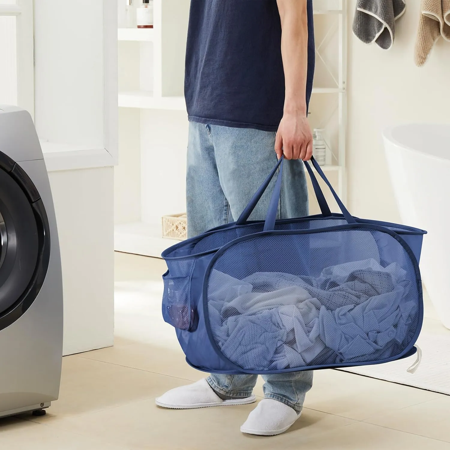 TECHMILLY Mesh Pop Up Laundry Basket with Strong Handles, Large Opening Collapsible Clothes Hampers, Portable & Easy for Use (2 Pack, Blue)
