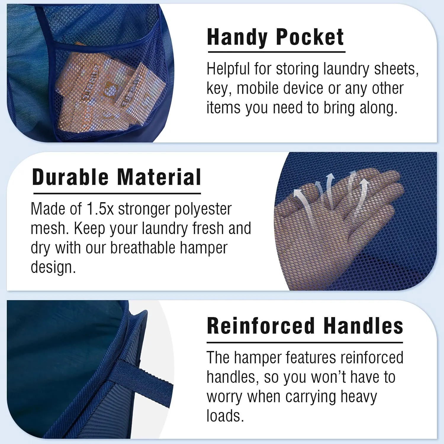 TECHMILLY Mesh Pop Up Laundry Basket with Strong Handles, Large Opening Collapsible Clothes Hampers, Portable & Easy for Use (2 Pack, Blue)