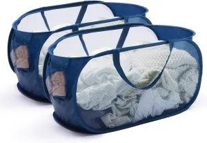 TECHMILLY Mesh Pop Up Laundry Basket with Strong Handles, Large Opening Collapsible Clothes Hampers, Portable & Easy for Use (2 Pack, Blue)