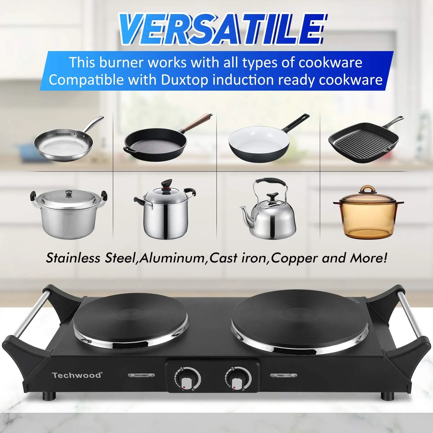 Techwood 1800W Hot Plate Portable Electric Stove Countertop Double Burner with Adjustable Temperature & Stay Cool Handles, 7.5” Cooktop for RV/Home/Camp, Compatible for All Cookwares