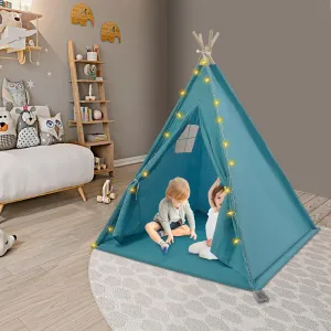 Teepee Tent, Foldable Teepee Tent for Kids, Kids Play Tent, Natural Cotton Canvas Toddler Tent, Indoor Playhouse Kids Tent, Tent with Lights & Window Fit Boy&Girl(Blue)