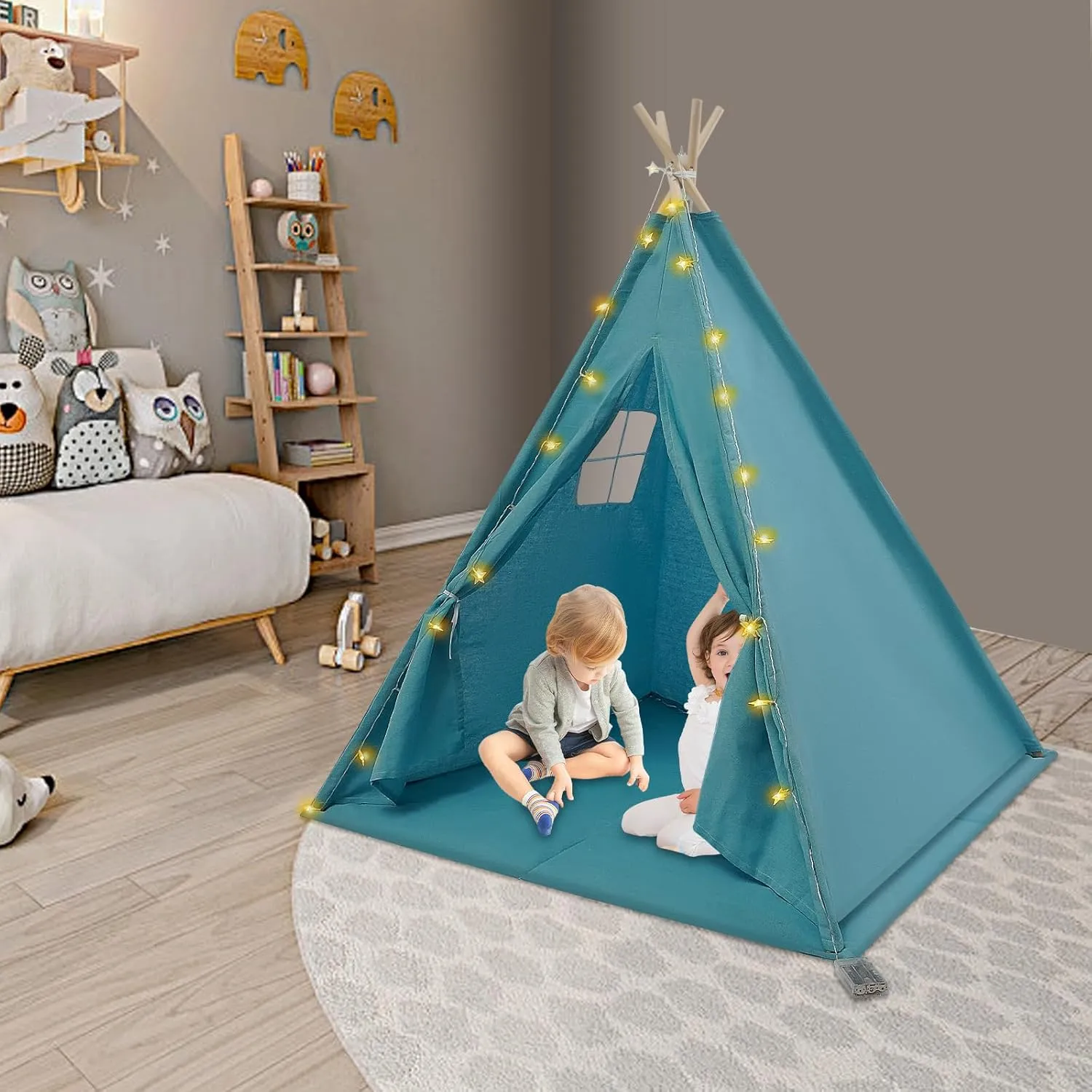 Teepee Tent, Foldable Teepee Tent for Kids, Kids Play Tent, Natural Cotton Canvas Toddler Tent, Indoor Playhouse Kids Tent, Tent with Lights & Window Fit Boy&Girl(Blue)