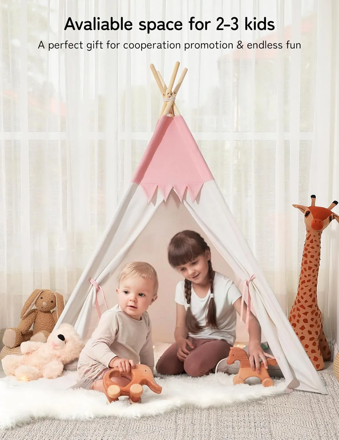 Teepee Tent for Kids Indoor,Kids Play Tent, Tipi Tent Girls Boys,Toddler Teepee, Baby Teepee,Large Tipee, Children Room Tent, Reading Tp,Canvas Playhouse with Lights and Mat (Peachy-Pink, Padded mat)