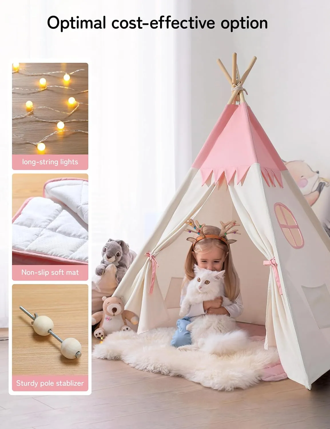 Teepee Tent for Kids Indoor,Kids Play Tent, Tipi Tent Girls Boys,Toddler Teepee, Baby Teepee,Large Tipee, Children Room Tent, Reading Tp,Canvas Playhouse with Lights and Mat (Peachy-Pink, Padded mat)