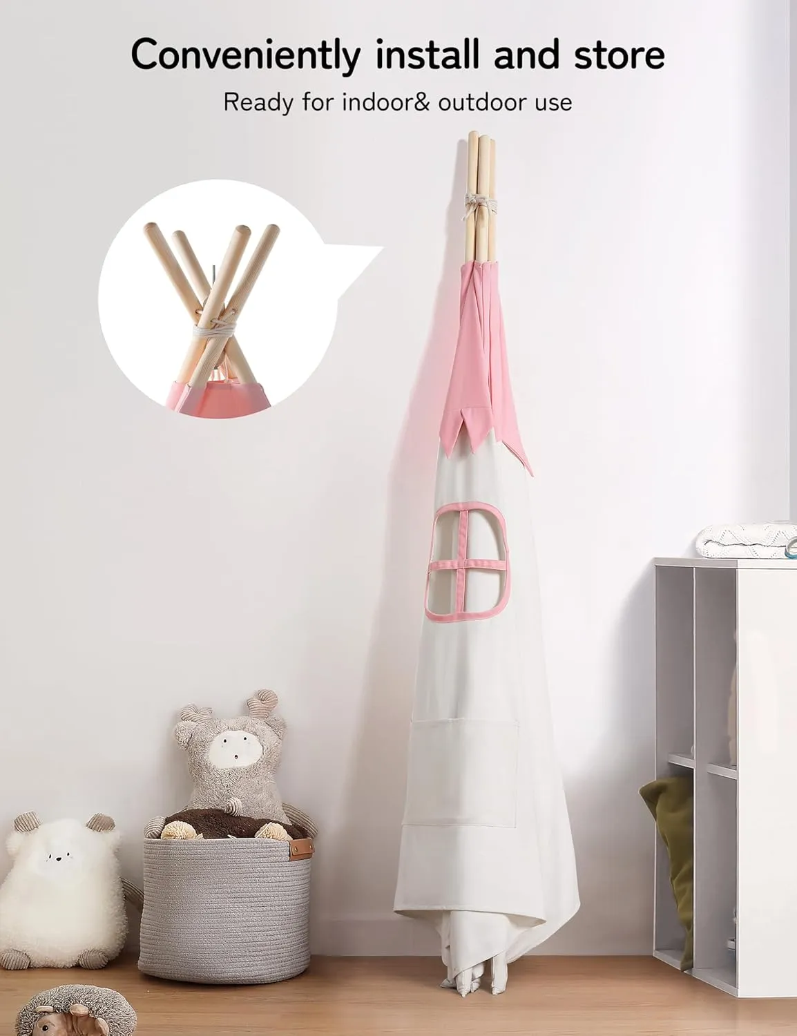 Teepee Tent for Kids Indoor,Kids Play Tent, Tipi Tent Girls Boys,Toddler Teepee, Baby Teepee,Large Tipee, Children Room Tent, Reading Tp,Canvas Playhouse with Lights and Mat (Peachy-Pink, Padded mat)