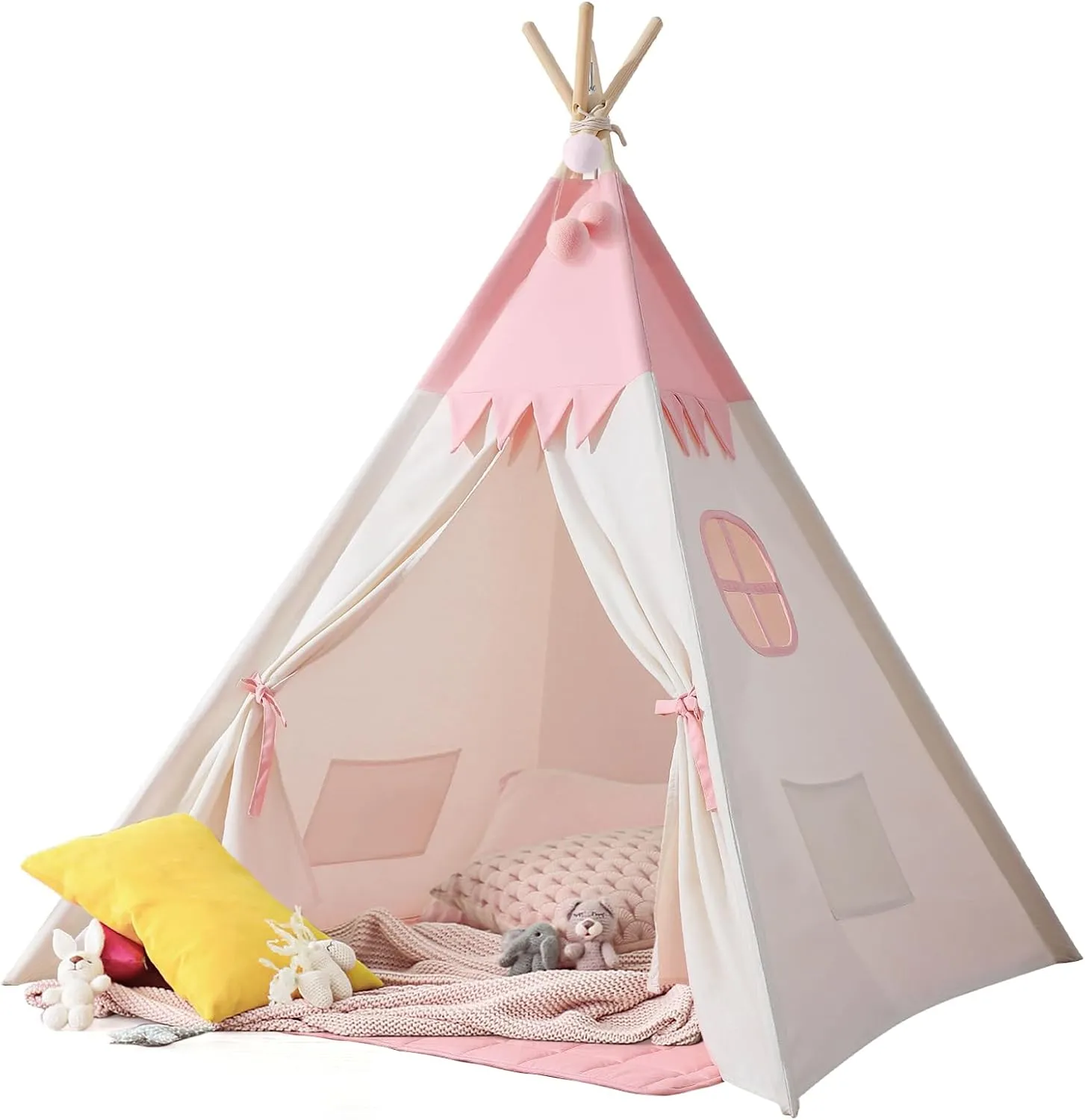 Teepee Tent for Kids Indoor,Kids Play Tent, Tipi Tent Girls Boys,Toddler Teepee, Baby Teepee,Large Tipee, Children Room Tent, Reading Tp,Canvas Playhouse with Lights and Mat (Peachy-Pink, Padded mat)