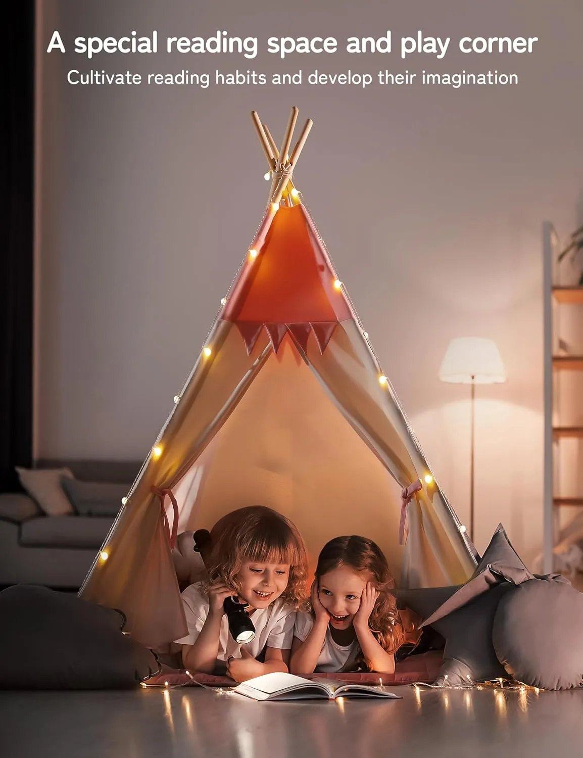 Teepee Tent for Kids Indoor,Kids Play Tent, Tipi Tent Girls Boys,Toddler Teepee, Baby Teepee,Large Tipee, Children Room Tent, Reading Tp,Canvas Playhouse with Lights and Mat (Peachy-Pink, Padded mat)