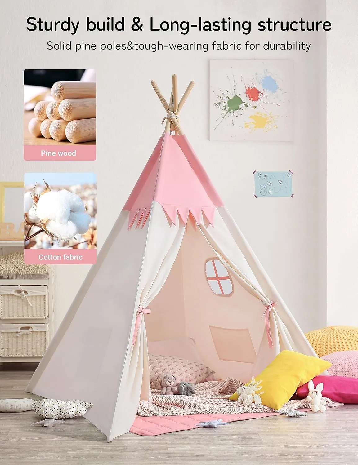 Teepee Tent for Kids Indoor,Kids Play Tent, Tipi Tent Girls Boys,Toddler Teepee, Baby Teepee,Large Tipee, Children Room Tent, Reading Tp,Canvas Playhouse with Lights and Mat (Peachy-Pink, Padded mat)