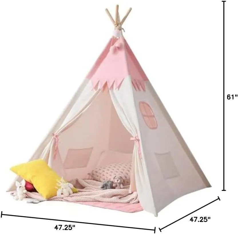 Teepee Tent for Kids Indoor,Kids Play Tent, Tipi Tent Girls Boys,Toddler Teepee, Baby Teepee,Large Tipee, Children Room Tent, Reading Tp,Canvas Playhouse with Lights and Mat (Peachy-Pink, Padded mat)