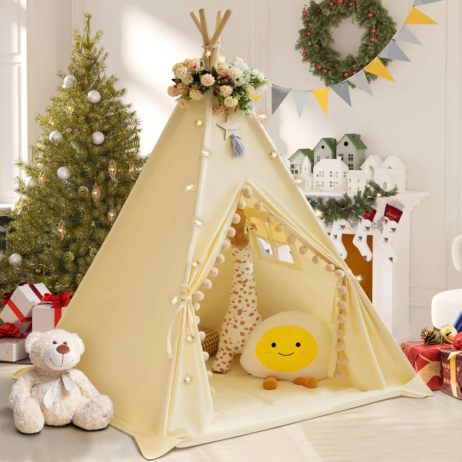 Teepee Tent for Kids With Padded Mat, Cotton Canvas, Pompom, Stars Lights, Carry Bag, Banner Flag - Indoor Play for Toddlers, Girls, Boys (Cream)