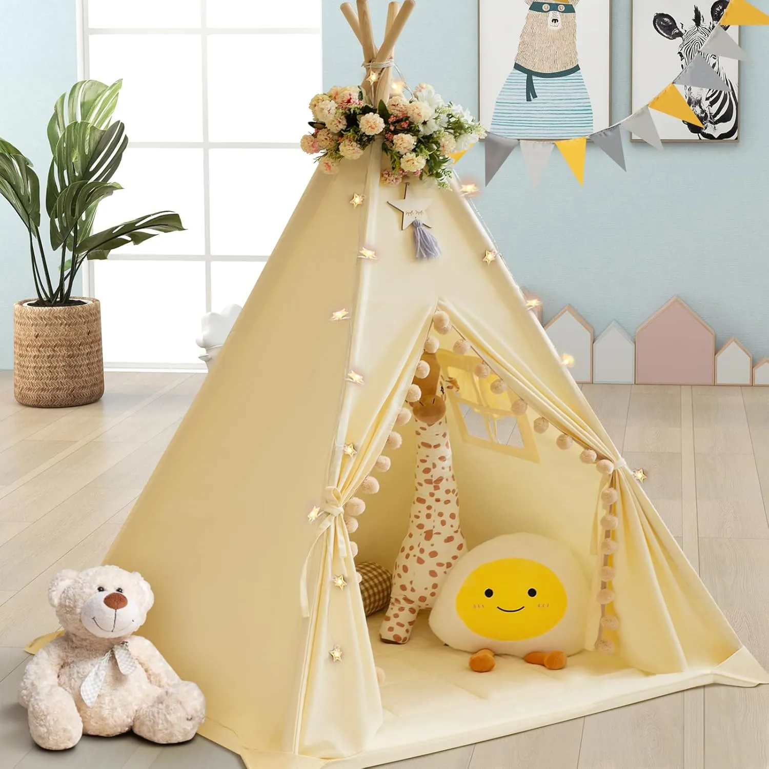 Teepee Tent for Kids With Padded Mat, Cotton Canvas, Pompom, Stars Lights, Carry Bag, Banner Flag - Indoor Play for Toddlers, Girls, Boys (Cream)