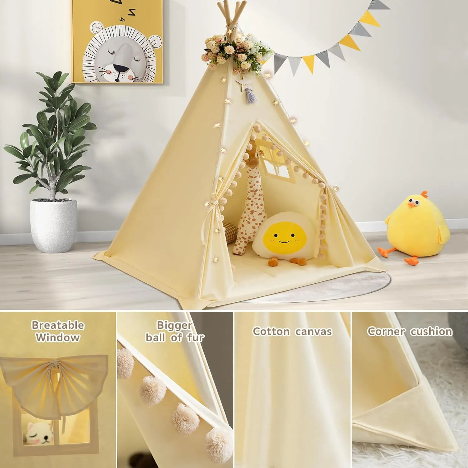 Teepee Tent for Kids With Padded Mat, Cotton Canvas, Pompom, Stars Lights, Carry Bag, Banner Flag - Indoor Play for Toddlers, Girls, Boys (Cream)